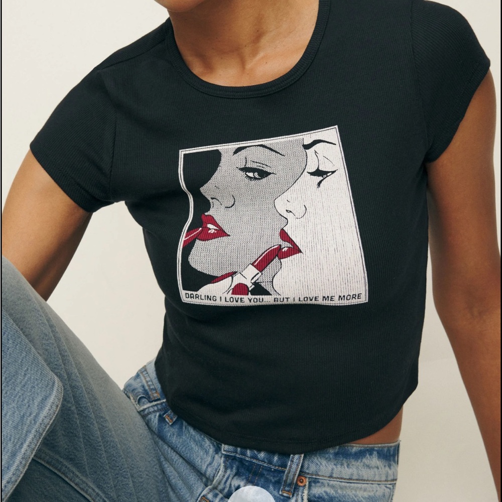 Reformation Black Graphic Ribbed Short Sleeve Tee with Red & White Print